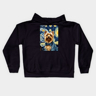 Yorkshire Terrier Dog Breed in a Van Gogh Starry Night Art Style Kids Hoodie